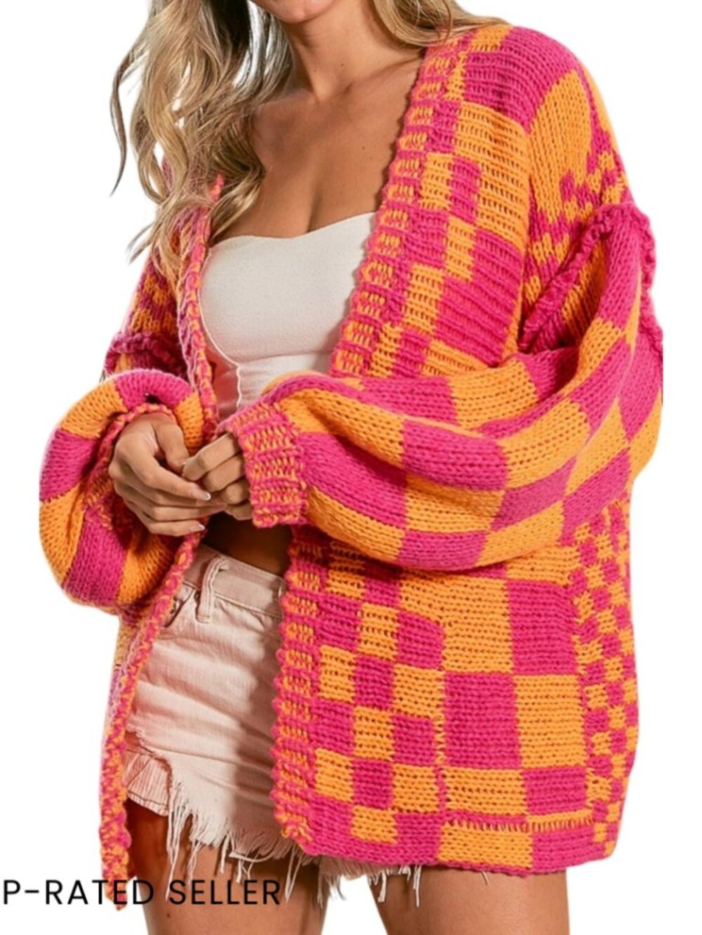 Vintage Plaid Cardigan Sweater Chunky Knit Oversized Boyfriend Style Open Front
